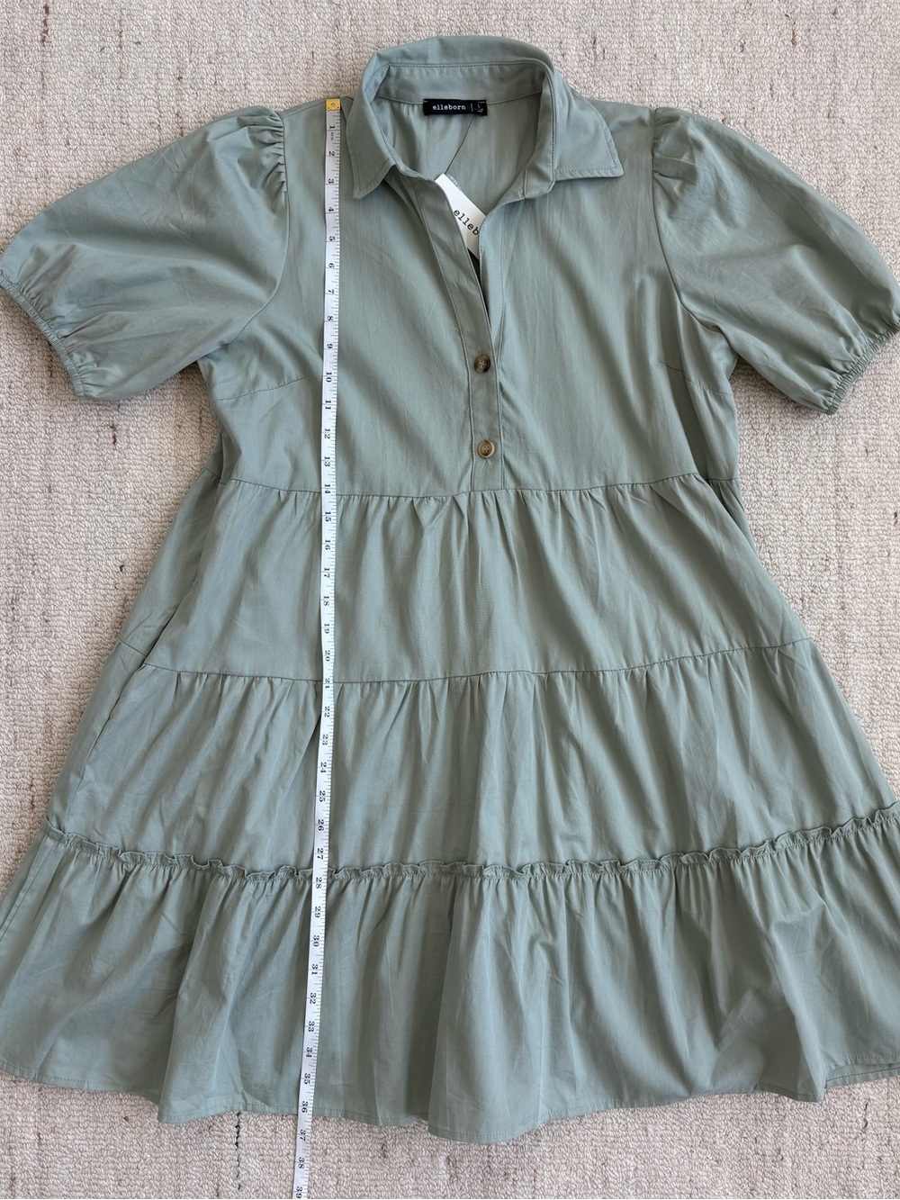 PinkBlush Elleborn Sage Green Tiered Dress Puff Sleeve Collared Button L NWT - Picture 8 of 12